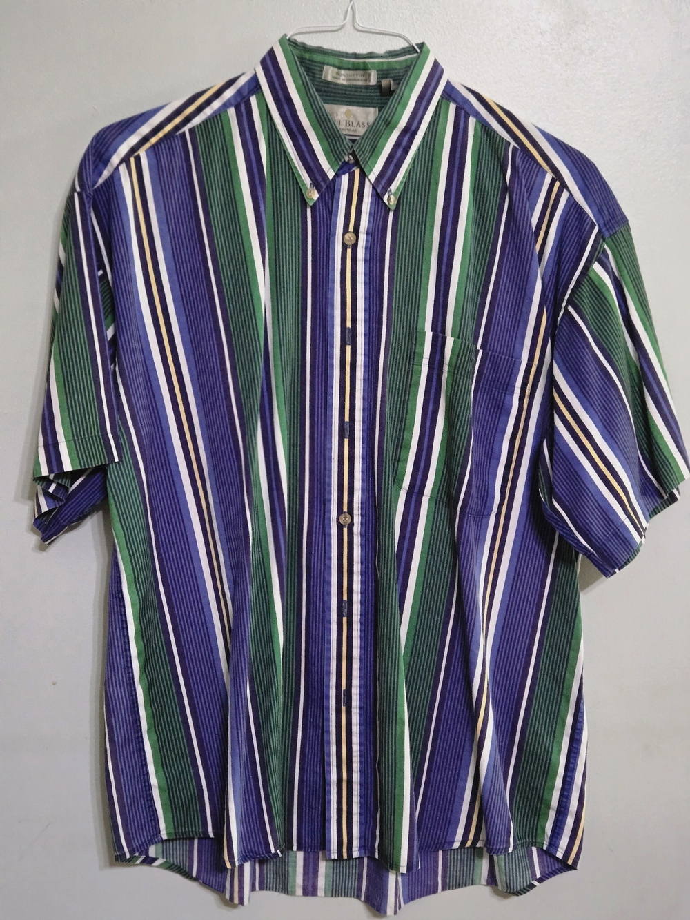 Vintage Bill Blass  Button-Down Short Sleeve Shirt in Green & Blue Stripe, Large
